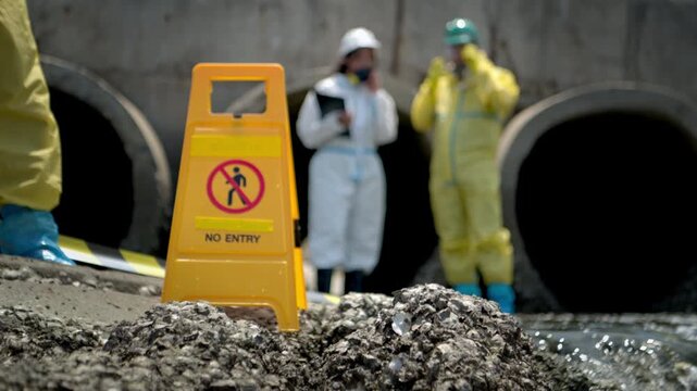 Warning sign and hazardous work area near polluted wastewater drainage tunnel with workers in protective equipment