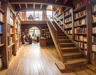 Obraz premium Cozy library interior with wooden staircase
