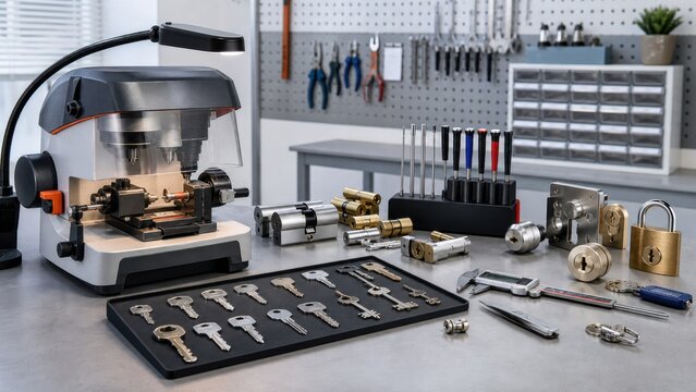Lock workshop with key cutting machine, tools, and various locks and keys on the workbench during daytime