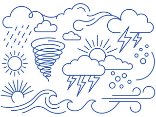 Naklejka premium Set of weather icons and symbols representing diverse atmospheric conditions and natural phenomena, from sunny skies to stormy weather