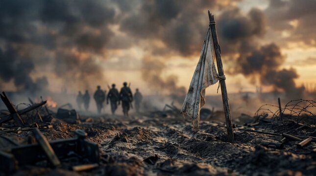 White Flag of Surrender on a Smoldering Battlefield with Soldiers in the Background