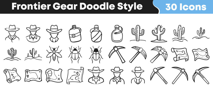 Collection of hand drawn western frontier gear and cowboy icons