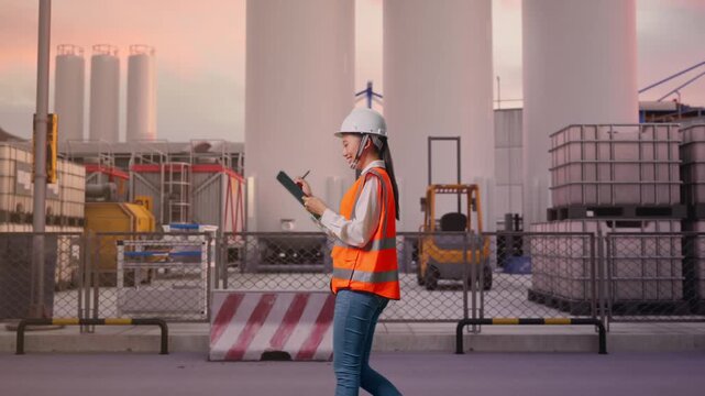 Side View of Asian Female Engineer Taking Note on Tablet While Walking at Storage Facility with IBC Totes, Large Silos and Safety Barriers at Sunset