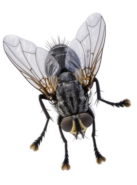 Isolated high-resolution macro studio shot of a common insect fly with intricate details and textures.