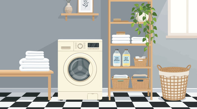 Laundry room interior with washing machine, shelves, and laundry basket