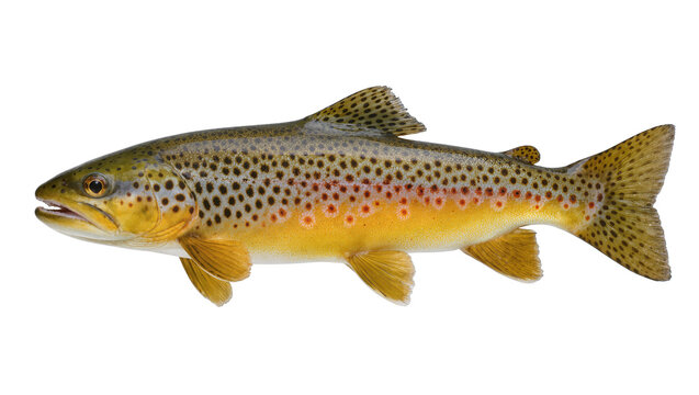 Isolated brown trout swimming left, showcasing vibrant colors and detailed spots, beautiful freshwater fish