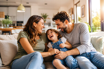 Obraz premium A happy family of three sitting on a couch in a modern living room laughing and enjoying quality time together