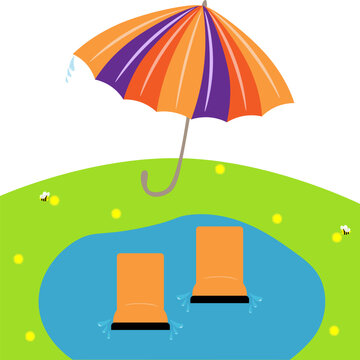 On a spring lawn, in a puddle, a pair of funny orange children s rubber boots with a colorful umbrella and water droplets. Vector illustration