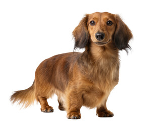 Fototapeta premium Isolated long-haired reddish brown dachshund dog standing and looking directly at camera