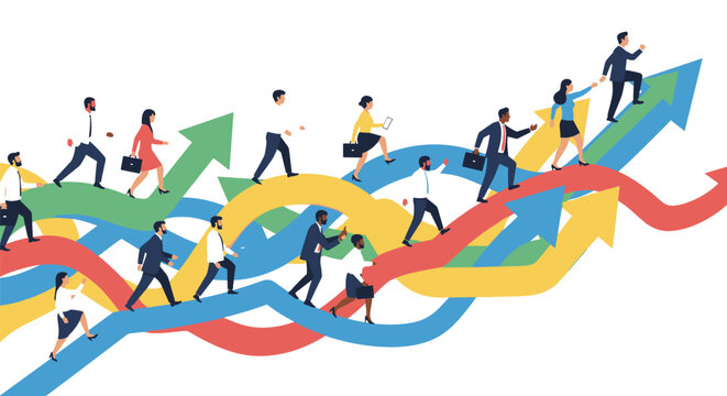 Professional individuals navigate a complex network of intertwined multicolored arrows winding and twisting across a bright solid white studio background environment.