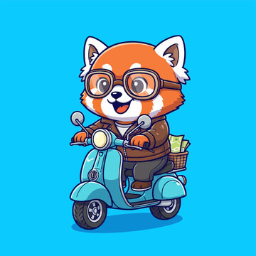 Cute red panda character riding a blue scooter.