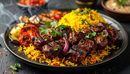 Fototapeta premium Arabic lamb kebabs served with saffron rice, grilled vegetables, and smoky atmosphere, cinematic food scene