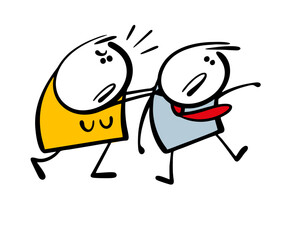 Fototapeta premium Cartoon aggressive woman attacked her husband, shaking him, strangling him. Vector illustration of the abuser and the victim, domestic violence. Doodle feminist threatens businessman.