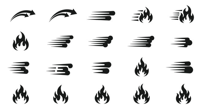 Black silhouette motion icons and stylized flame symbols are organized in a grid pattern against a clean white background for minimalist design applications.