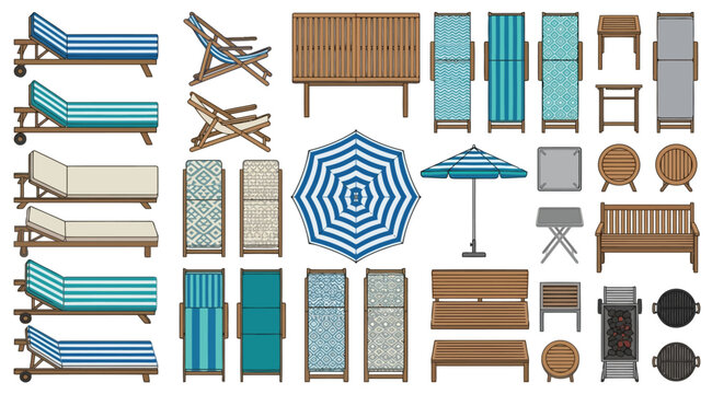 Collection of outdoor patio furniture and garden accessories