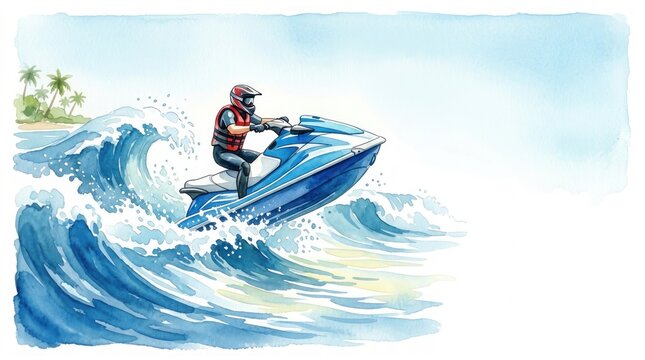 Watercolor illustration of person riding blue jet ski on ocean waves near tropical beach