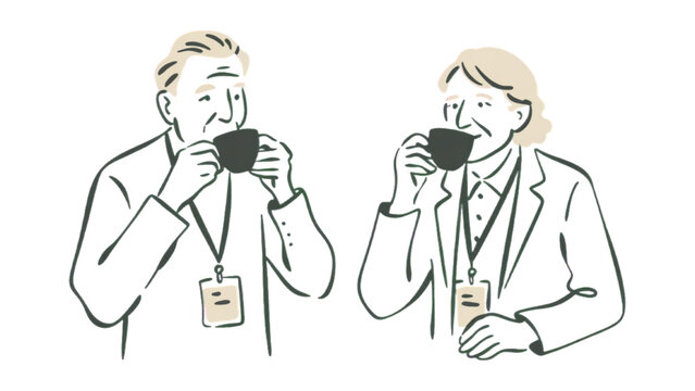 Senior Professionals Coffee Break Line Art Vector Illustration Set