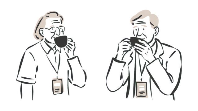 Senior Professionals Coffee Break Line Art Vector Illustration Set