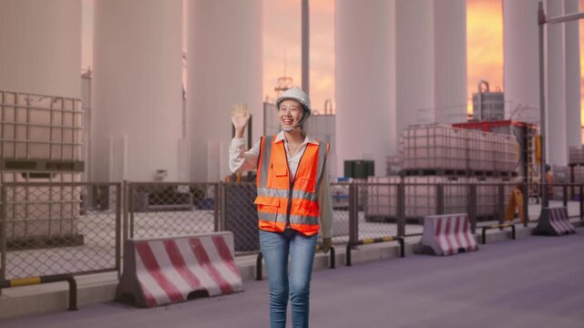 Front View of Asian Female Engineer Waving Hand Saying Bye While Walking at Storage Facility with IBC Totes, Large Silos and Safety Barriers at Sunset