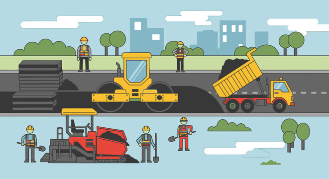 Road construction scene with workers machinery and buildings in a vector style