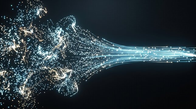 Glittering particles blend into flowing filament representing highspeed data transfer and digital connection