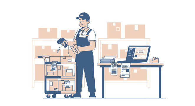 Warehouse worker scanning packages for inventory control in modern distribution center