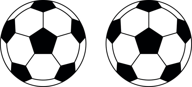 Classic black and white soccer ball vector illustration set featuring traditional pentagon pattern for football sports competition and athletic league equipment