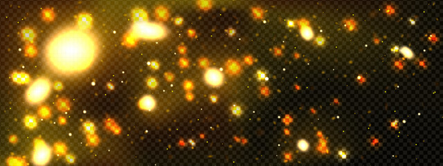 Butterfly dust sparkle and gold firefly light glow on dream background. Fire or magic glitter trail effect for brilliant sky. Particle texture and yellow shimmer flare for overlay or glimmer shine © Mariia