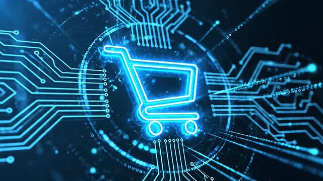 Neon shopping cart icon with circuit board design on a dark background