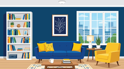 Modern living room interior with blue walls, a blue sofa, yellow armchair, and a bookshelf © Saharia