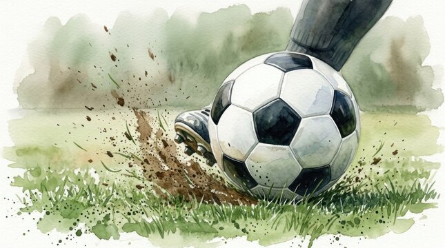Soccer ball being kicked by player on muddy grass field watercolor illustration