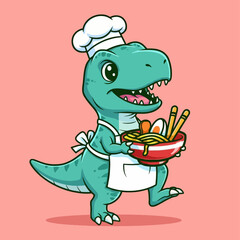 Cute TRex Chef Serving Delicious Ramen Noodles. © Arviz