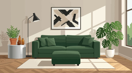 Modern living room interior with green sofa, ottoman, and house plants © Saharia