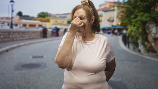 Woman pinches nose with fingers while standing on a cobblestone street beside a low stone wall and lamp post, eyes closed in a grimace; discomfort.