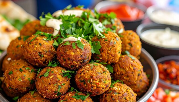 Spicy falafel balls with tahini sauce and fresh parsley, street food style, vibrant Arabic market background