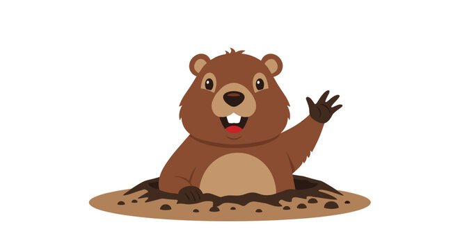 The friendly brown groundhog character is mirrored and waves its opposite paw while emerging from a small mound of dirt against a bright white background.