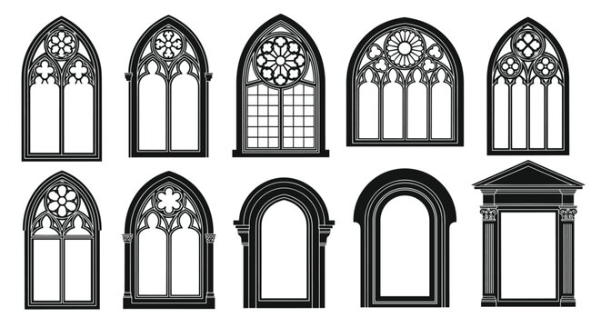 Ten distinct black silhouette window designs featuring gothic arches and ornate tracery patterns are arranged in two rows against a stark white background environment.