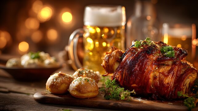 Roasted pork knuckle served with bread dumplings and beer glasses on a rustic wooden table