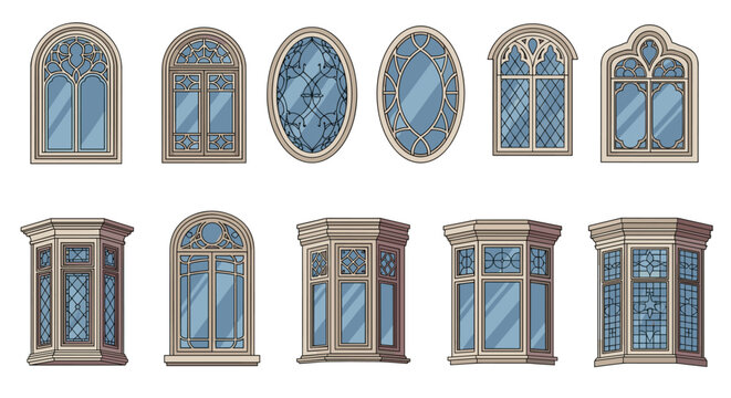 A collection of architectural window styles including arched, oval, and bay designs with decorative frames are arranged uniformly on a plain white background in daylight.