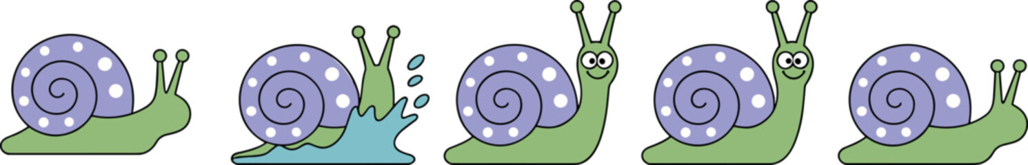 Set of cute cartoon snail characters with purple polka dot shells in various poses including fast moving and smiling expressions © MdMahedi