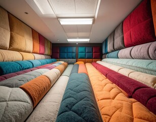 Fototapeta premium Colorful quilted fabric rolls stacked in a modern showroom, interior design inspiration