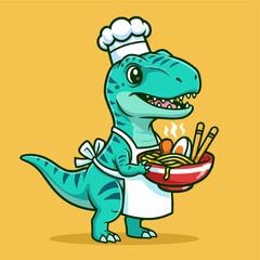 Cute cartoon dinosaur chef holding a delicious bowl of ramen noodles. © Arviz