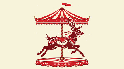 Stylized carousel reindeer ride with ornate saddle and red and white striped roof © Siam