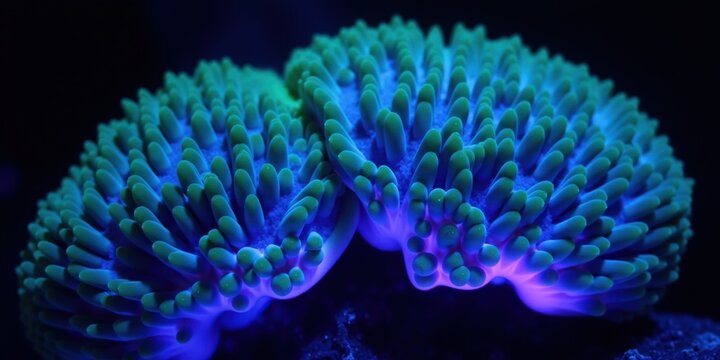 Bioluminescent coral glows in dark water. Glowing organic structure displays turquoise light. Neon marine life illuminates the deep sea. Biological organism features glowing turquoise branches.