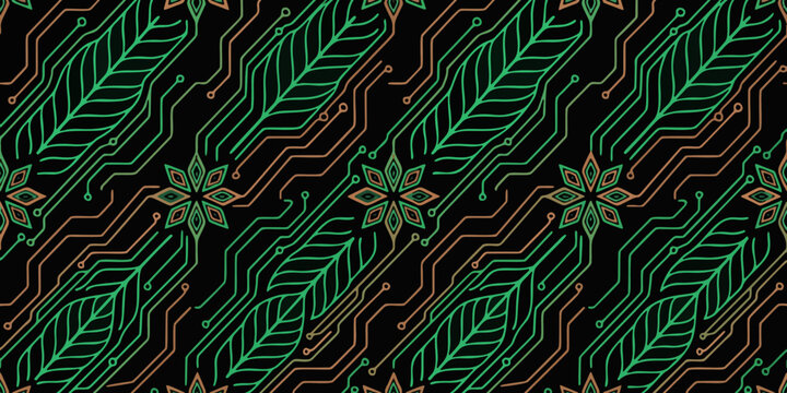 Batik seamless vector illustration of a digital motherboard design featuring abstract green and white feathers integrated into a microchip circuit pattern for a futuristic electronic texture