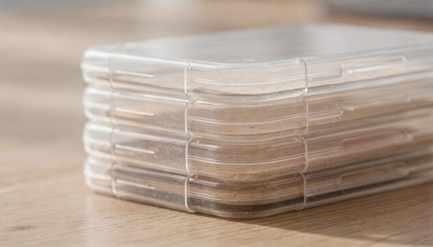 Closeup of translucent bioplastic media cases stacked neatly highlighting ecofriendly packaging with soft blurred background for sustainable software distribution.