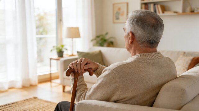 A serene scene of an elderly man sitting on a couch in a bright living room, holding a cane in his hands, surrounded by warm and calming elements.