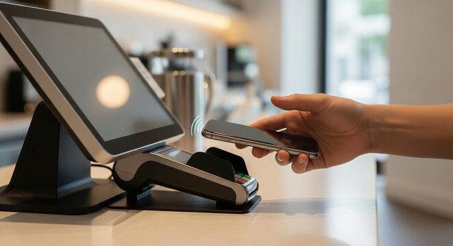 Customer making a secure contactless payment with smartphone at a modern point of sale terminal in a shop