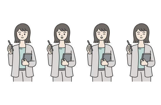 スーツ姿でペンとノートを持って説明する女性の全身イラスト 表情違い4点セット ビジネス