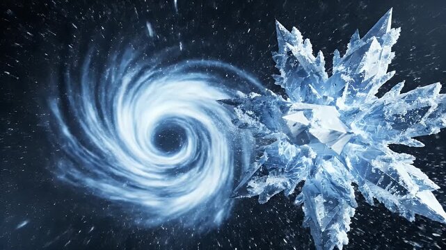 Epic Ice Spiral and Crystal Snowflake Burst in Space.